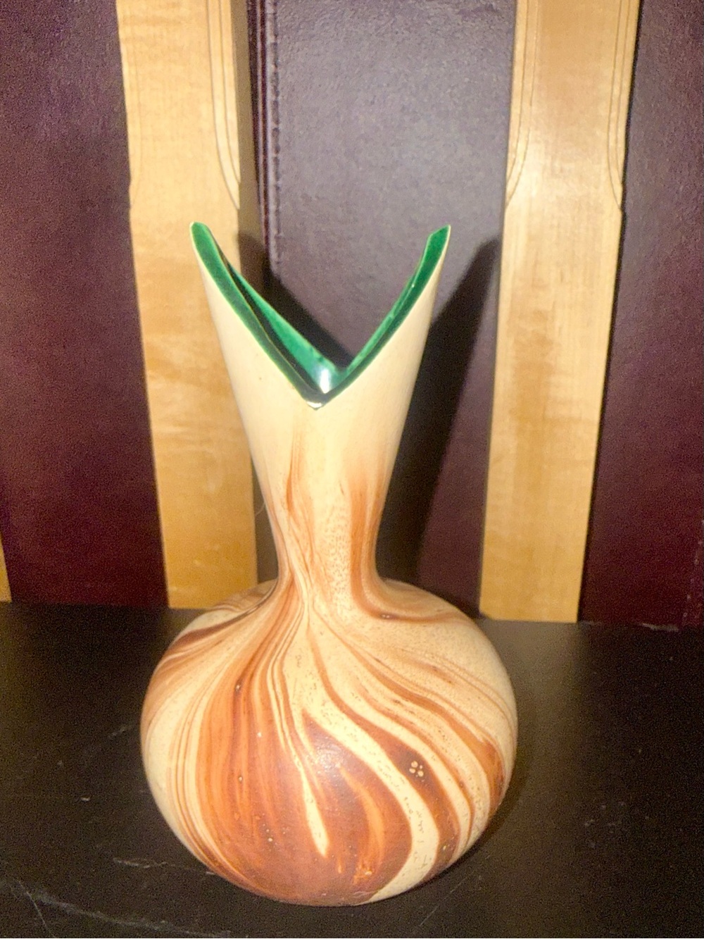 Vintage MCM Sangier Oak Swirled Cream and Brown Glass Vase with Green Interior
